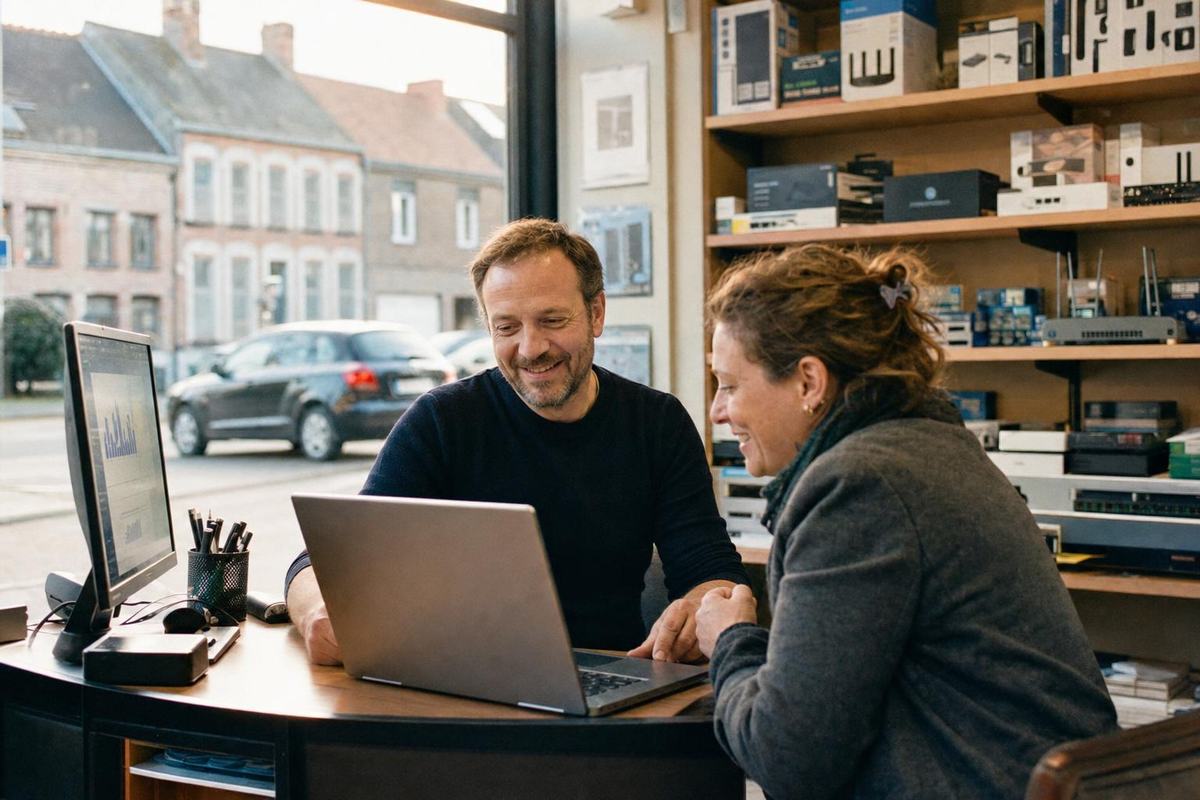 Un revendeur informatique montre une offre sur son ordinateur à une cliente, dans sa boutique